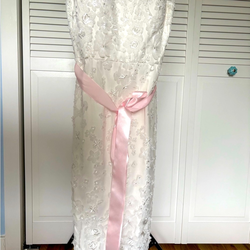 Eliza J White Floral Midi Dress with Pink Ribbon